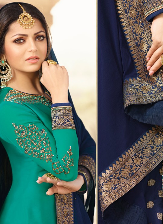 Satin Georgette Embroidered Ceremony Skirt Kameez In Teal Green Color Nitya Vol 133 3308 By LT Fabrics SC/015460