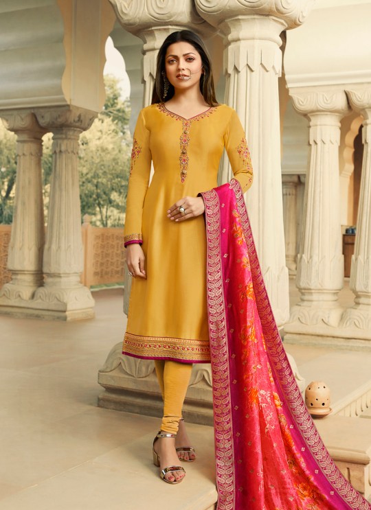 Yellow Satin Georgette Embroidered Party Wear Churidar Suits With Dola Jacquard Dupatta Nitya Vol 134 3402 By LT Fabrics SC/015173