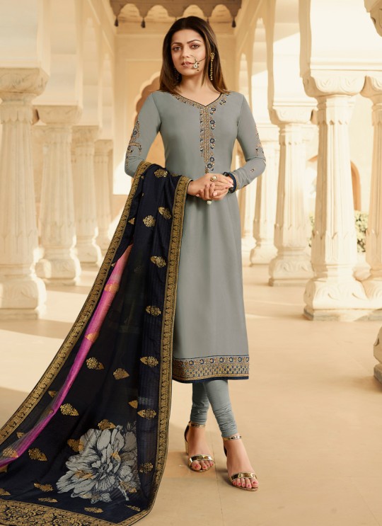 Grey Satin Georgette Embroidered Designer Churidar Suits With Dola Jacquard Dupatta Nitya Vol 134 3403 By LT Fabrics SC/015173 Grey Satin Georgette Embroidered Designer Churidar Suits With Dola Jacquard Dupatta Nitya Vol 134 3403 By LT Fabrics SC/015173