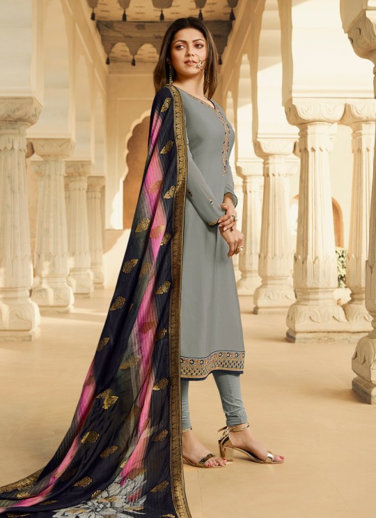 Grey Satin Georgette Embroidered Designer Churidar Suits With Dola Jacquard Dupatta Nitya Vol 134 3403 By LT Fabrics SC/015173 Grey Satin Georgette Embroidered Designer Churidar Suits With Dola Jacquard Dupatta Nitya Vol 134 3403 By LT Fabrics SC/015173