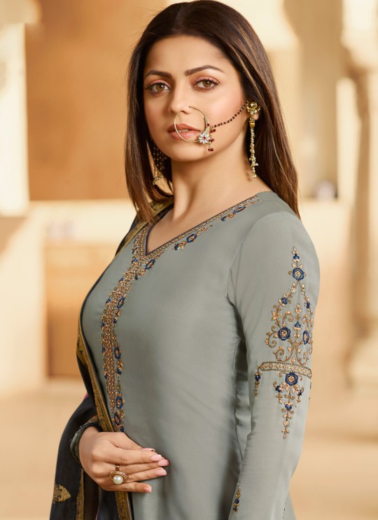 Grey Satin Georgette Embroidered Designer Churidar Suits With Dola Jacquard Dupatta Nitya Vol 134 3403 By LT Fabrics SC/015173 Grey Satin Georgette Embroidered Designer Churidar Suits With Dola Jacquard Dupatta Nitya Vol 134 3403 By LT Fabrics SC/015173