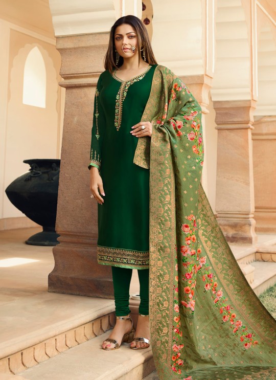 Green Satin Georgette Embroidered Contemporary Churidar Suits With Dola Jacquard Dupatta Nitya Vol 134 3404 By LT Fabrics SC/015173