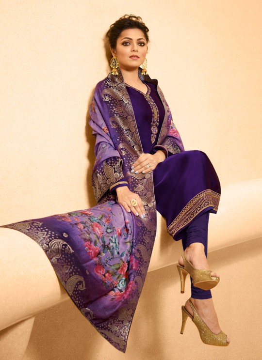 Violet Satin Georgette Embroidered Ceremony Churidar Suits With Dola Jacquard Dupatta Nitya Vol 134 3406 By LT Fabrics SC/015173