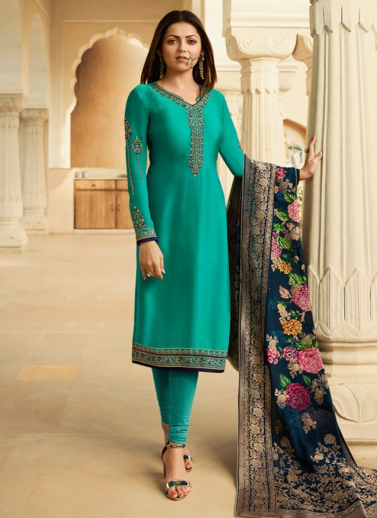 Sea Green Satin Georgette Embroidered Indian Party Wear Churidar Suits With Dola Jacquard Dupatta Nitya Vol 134 3407 By LT Fabrics SC/015173