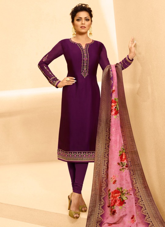 Purple Satin Georgette Embroidered Party Wear Churidar Suits With Dola Jacquard Dupatta Nitya Vol 134 3409 By LT Fabrics SC/015173