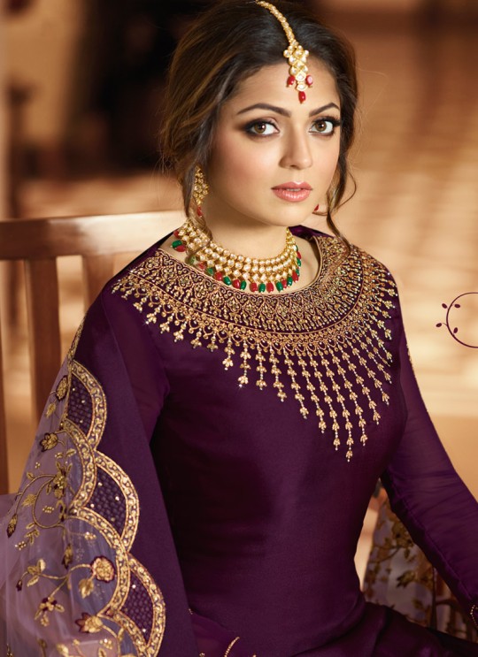 Bridesmaids Satin Georgette Embroidered Garara Suits In Purple Color Nitya Vol 136 3601 By LT Fabrics SC/015141 Bridesmaids Satin Georgette Embroidered Garara Suits In Purple Color Nitya Vol 136 3601 By LT Fabrics SC/015141