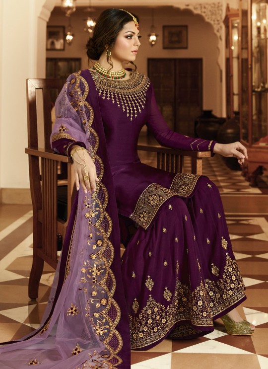 Bridesmaids Satin Georgette Embroidered Garara Suits In Purple Color Nitya Vol 136 3601 By LT Fabrics SC/015141 Bridesmaids Satin Georgette Embroidered Garara Suits In Purple Color Nitya Vol 136 3601 By LT Fabrics SC/015141