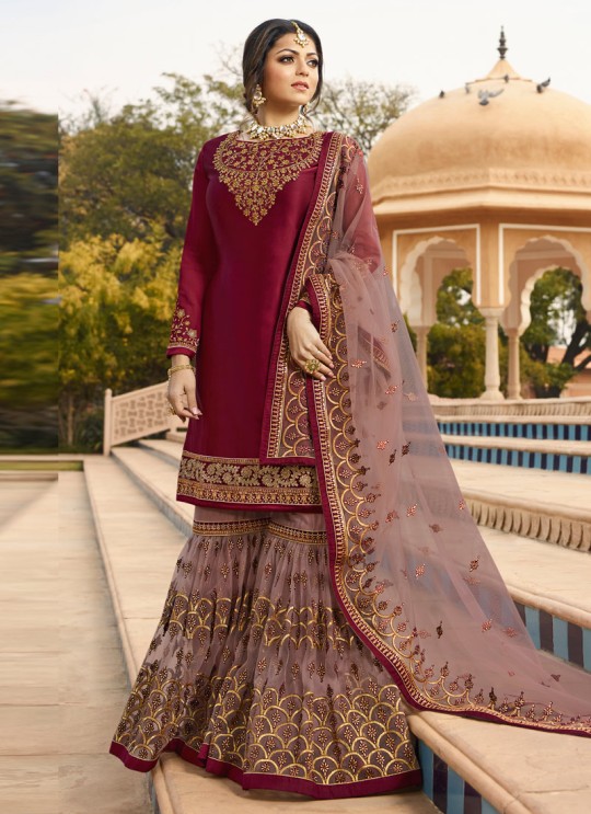 Bridesmaids Satin Georgette Embroidered Garara Suits In Wine Color Nitya Vol 136 3606 By LT Fabrics SC/015146