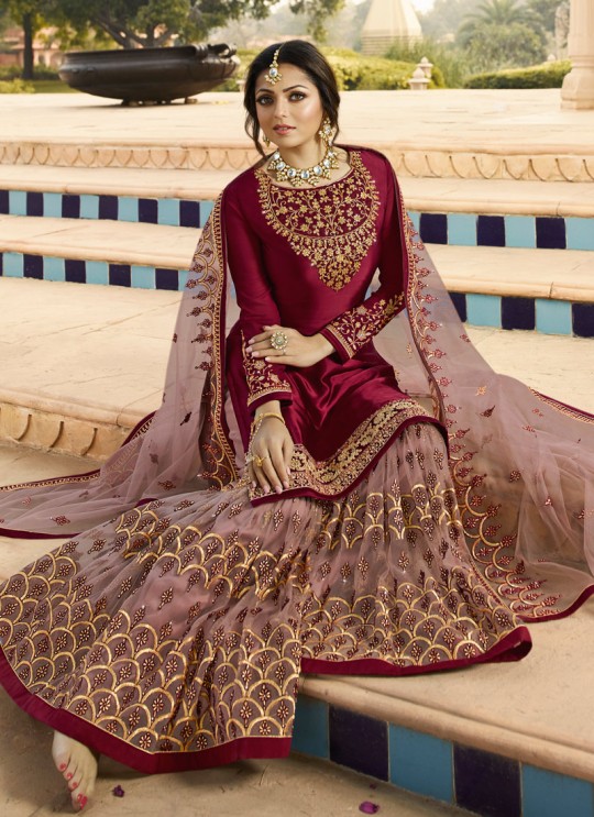 Bridesmaids Satin Georgette Embroidered Garara Suits In Wine Color Nitya Vol 136 3606 By LT Fabrics SC/015146