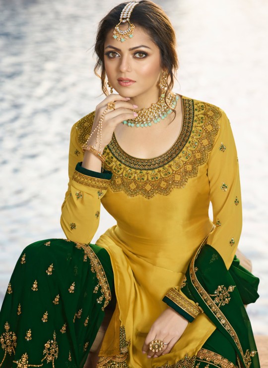 Bridesmaids Satin Georgette Embroidered Garara Suits In Gold Color Nitya Vol 136 3608 By LT Fabrics SC/015148