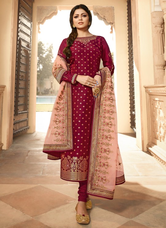 Dola Jacquard Ceremony Straight Cut Suits In Maroon Color Nitya Vol 137 3703 By LT Fabrics SC/015272 Dola Jacquard Ceremony Straight Cut Suits In Maroon Color Nitya Vol 137 3703 By LT Fabrics SC/015272