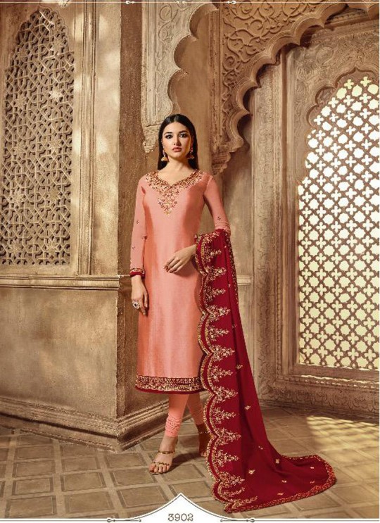 Peach Satin Georgette Party Wear Skirt Kameez Nitya Vol 139 3902 Set By LT Fabrics SC/015234
