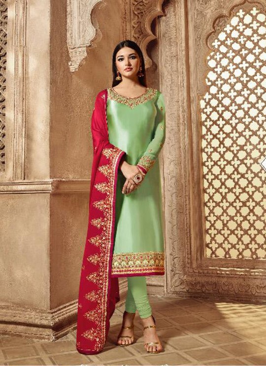 Green Satin Georgette Indian Utsav Skirt Kameez Nitya Vol 139 3909 Set By LT Fabrics SC/015234