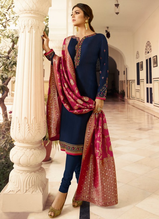 Satin Georgette Blue Contemporary Churidar Suits With Jacquard Dupatta Nitya Vol 140 4001 By LT Fabrics SC/015391 Satin Georgette Blue Contemporary Churidar Suits With Jacquard Dupatta Nitya Vol 140 4001 By LT Fabrics SC/015391