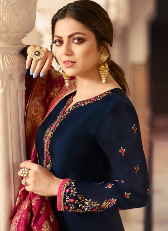 Satin Georgette Blue Contemporary Churidar Suits With Jacquard Dupatta Nitya Vol 140 4001 By LT Fabrics SC/015391