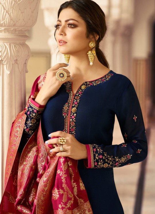 Satin Georgette Blue Contemporary Churidar Suits With Jacquard Dupatta Nitya Vol 140 4001 By LT Fabrics SC/015391 Satin Georgette Blue Contemporary Churidar Suits With Jacquard Dupatta Nitya Vol 140 4001 By LT Fabrics SC/015391