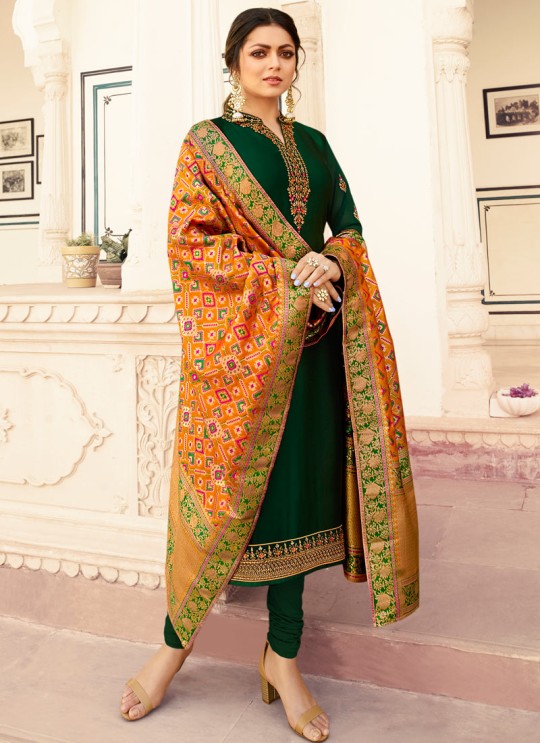 Satin Georgette Green Designer Churidar Suits With Jacquard Dupatta Nitya Vol 140 4002 By LT Fabrics SC/015391