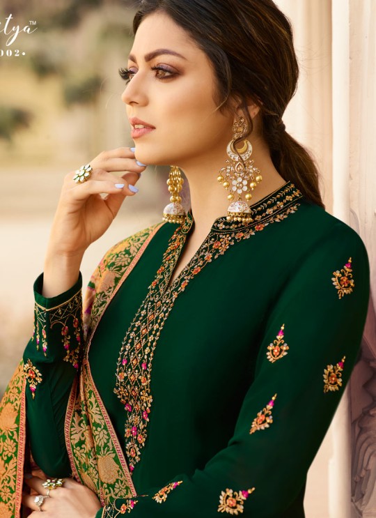 Satin Georgette Green Designer Churidar Suits With Jacquard Dupatta Nitya Vol 140 4002 By LT Fabrics SC/015391