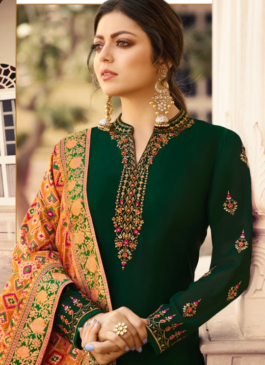 Satin Georgette Green Designer Churidar Suits With Jacquard Dupatta Nitya Vol 140 4002 By LT Fabrics SC/015391