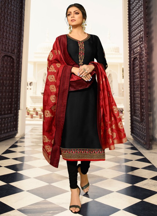 Satin Georgette Black Party Wear Churidar Suits With Jacquard Dupatta Nitya Vol 140 4003 By LT Fabrics SC/015391