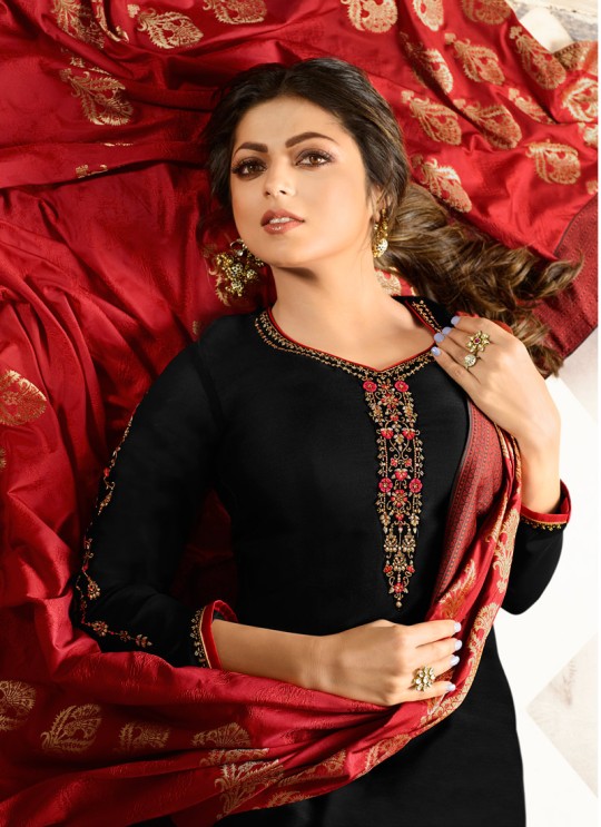 Satin Georgette Black Party Wear Churidar Suits With Jacquard Dupatta Nitya Vol 140 4003 By LT Fabrics SC/015391