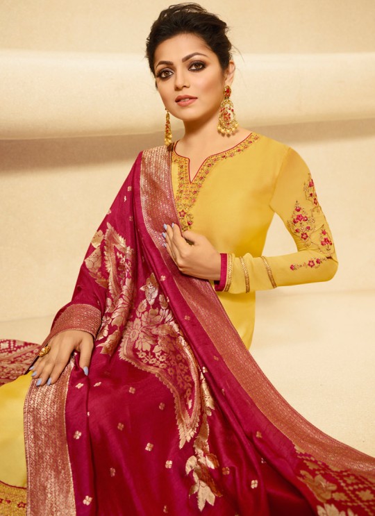 Satin Georgette Yellow Traditional Wear Churidar Suits With Jacquard Dupatta Nitya Vol 140 4004 By LT Fabrics SC/015391