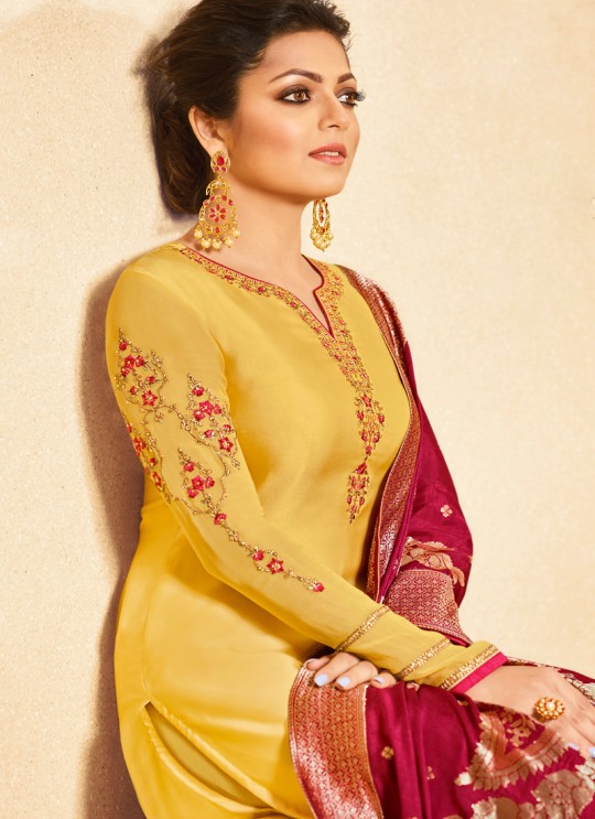Satin Georgette Yellow Traditional Wear Churidar Suits With Jacquard Dupatta Nitya Vol 140 4004 By LT Fabrics SC/015391