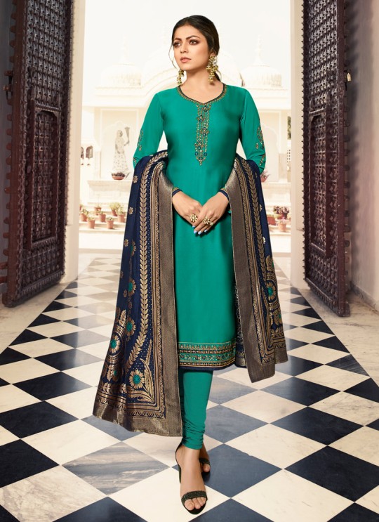 Satin Georgette Teal Green Ethnic Wear Churidar Suits With Jacquard Dupatta Nitya Vol 140 4005 By LT Fabrics SC/015391 Satin Georgette Teal Green Ethnic Wear Churidar Suits With Jacquard Dupatta Nitya Vol 140 4005 By LT Fabrics SC/015391