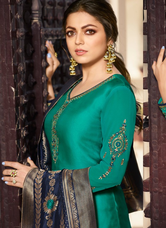 Satin Georgette Teal Green Ethnic Wear Churidar Suits With Jacquard Dupatta Nitya Vol 140 4005 By LT Fabrics SC/015391