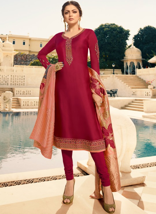 Satin Georgette Magenta Contemporary Churidar Suits With Jacquard Dupatta Nitya Vol 140 4007 By LT Fabrics SC/015391 Satin Georgette Magenta Contemporary Churidar Suits With Jacquard Dupatta Nitya Vol 140 4007 By LT Fabrics SC/015391