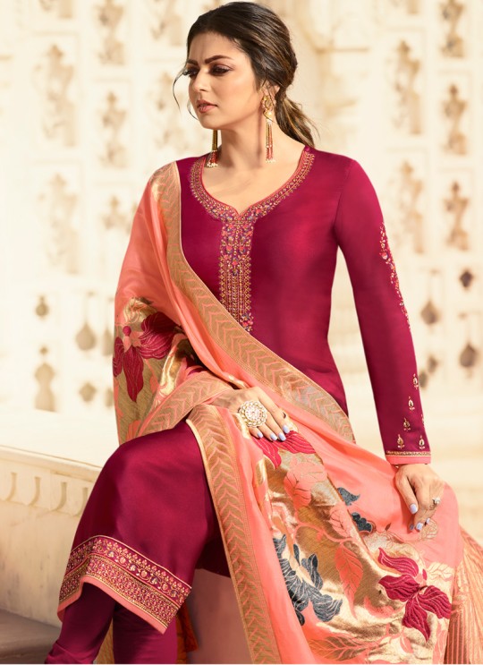 Satin Georgette Magenta Contemporary Churidar Suits With Jacquard Dupatta Nitya Vol 140 4007 By LT Fabrics SC/015391