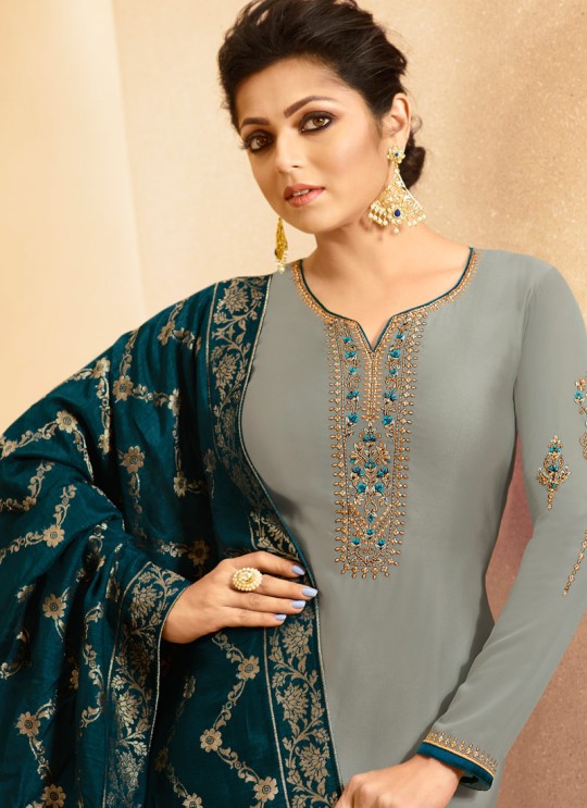 Satin Georgette Grey Party Wear Churidar Suits With Jacquard Dupatta Nitya Vol 140 4008 By LT Fabrics SC/015391