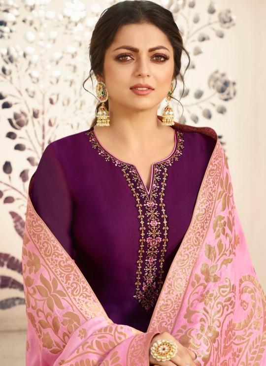 Satin Georgette Purple Designer Churidar Suits With Jacquard Dupatta Nitya Vol 140 4009 By LT Fabrics SC/015391