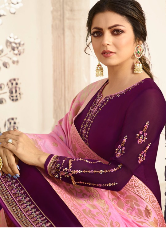 Satin Georgette Purple Designer Churidar Suits With Jacquard Dupatta Nitya Vol 140 4009 By LT Fabrics SC/015391