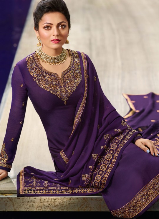 Designer Satin Georgette Straight Cut Suits In Purple Color Nitya Vol 141 4101 By LT Fabrics SC/015320