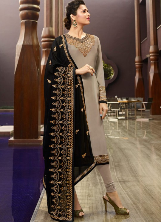 Party Wear Satin Georgette Straight Cut Suits In Grey Color Nitya Vol 141 4102 By LT Fabrics SC/015320 Party Wear Satin Georgette Straight Cut Suits In Grey Color Nitya Vol 141 4102 By LT Fabrics SC/015320