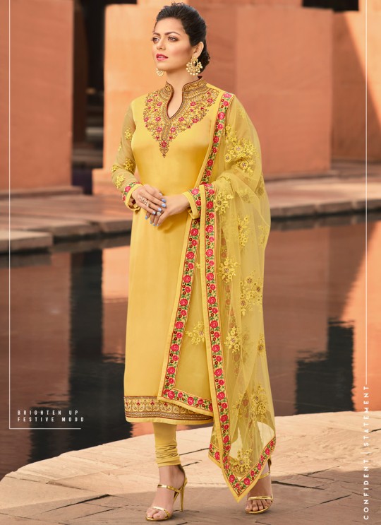 Festival Wear Satin Georgette Straight Cut Suits In Yellow Color Nitya Vol 141 4104 By LT Fabrics SC/015320