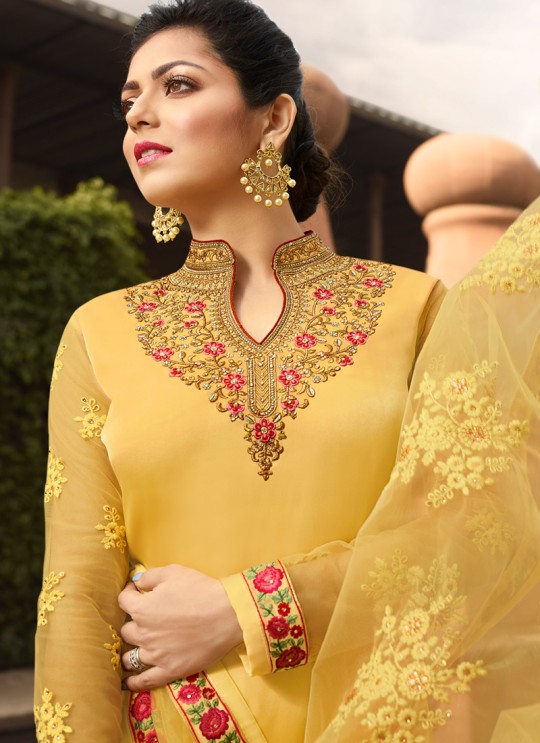 Festival Wear Satin Georgette Straight Cut Suits In Yellow Color Nitya Vol 141 4104 By LT Fabrics SC/015320