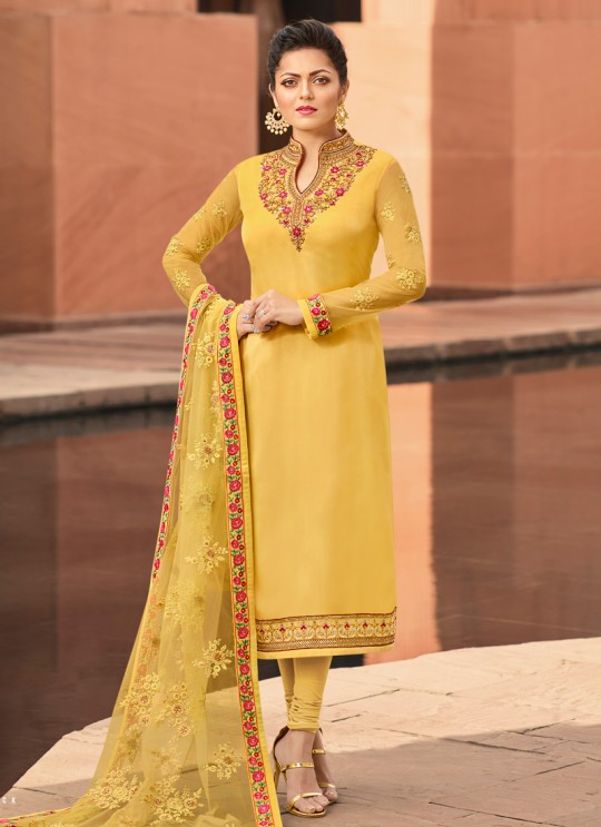 Festival Wear Satin Georgette Straight Cut Suits In Yellow Color Nitya Vol 141 4104 By LT Fabrics SC/015320