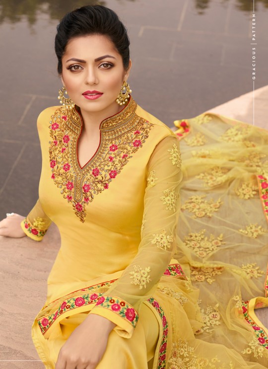 Festival Wear Satin Georgette Straight Cut Suits In Yellow Color Nitya Vol 141 4104 By LT Fabrics SC/015320