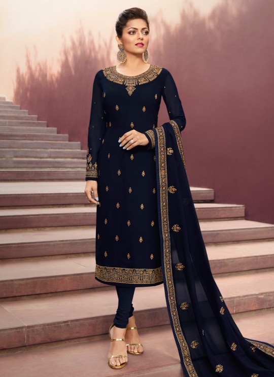 Contemporary Georgette Straight Cut Suits In Navy Blue Color Nitya Vol 141 4105 By LT Fabrics SC/015320 Contemporary Georgette Straight Cut Suits In Navy Blue Color Nitya Vol 141 4105 By LT Fabrics SC/015320