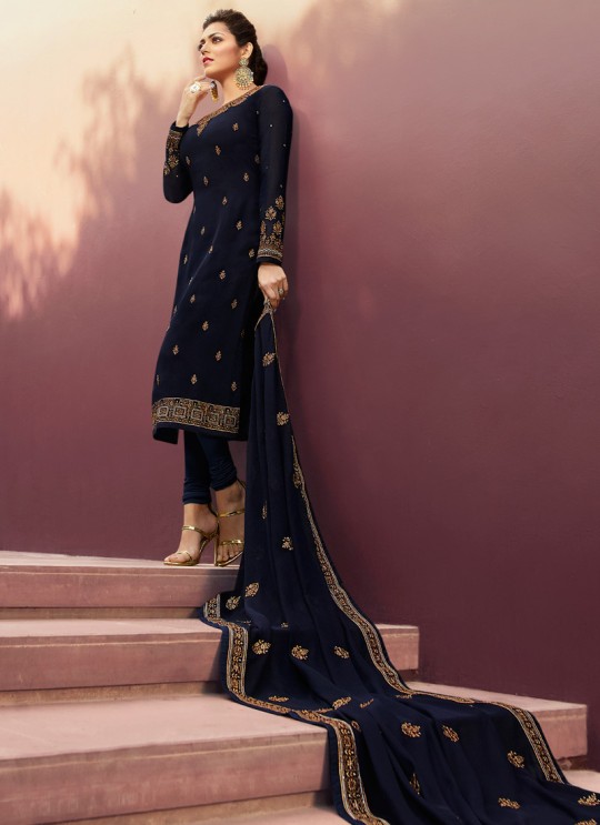 Contemporary Georgette Straight Cut Suits In Navy Blue Color Nitya Vol 141 4105 By LT Fabrics SC/015320