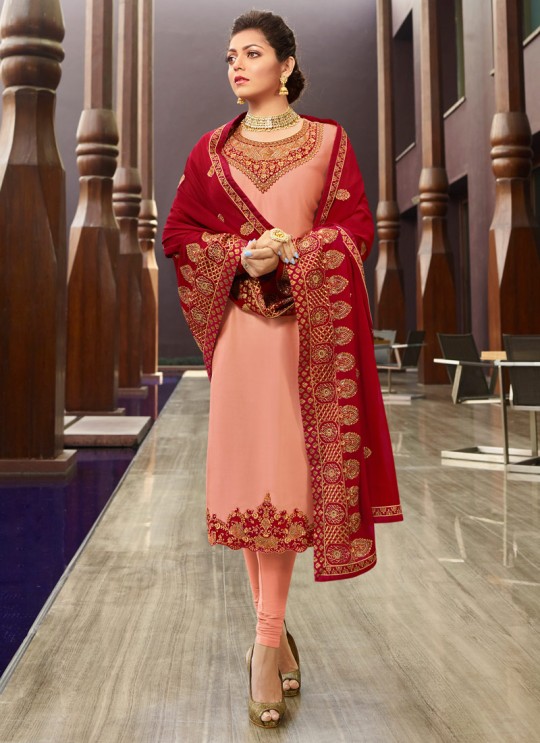 Pakistani Style Satin Georgette Straight Cut Suits In Peach Color Nitya Vol 141 4106 By LT Fabrics SC/015320 Pakistani Style Satin Georgette Straight Cut Suits In Peach Color Nitya Vol 141 4106 By LT Fabrics SC/015320
