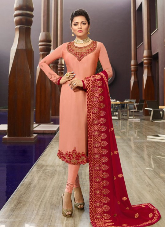 Pakistani Style Satin Georgette Straight Cut Suits In Peach Color Nitya Vol 141 4106 By LT Fabrics SC/015320