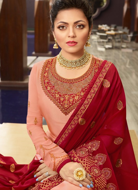 Pakistani Style Satin Georgette Straight Cut Suits In Peach Color Nitya Vol 141 4106 By LT Fabrics SC/015320 Pakistani Style Satin Georgette Straight Cut Suits In Peach Color Nitya Vol 141 4106 By LT Fabrics SC/015320
