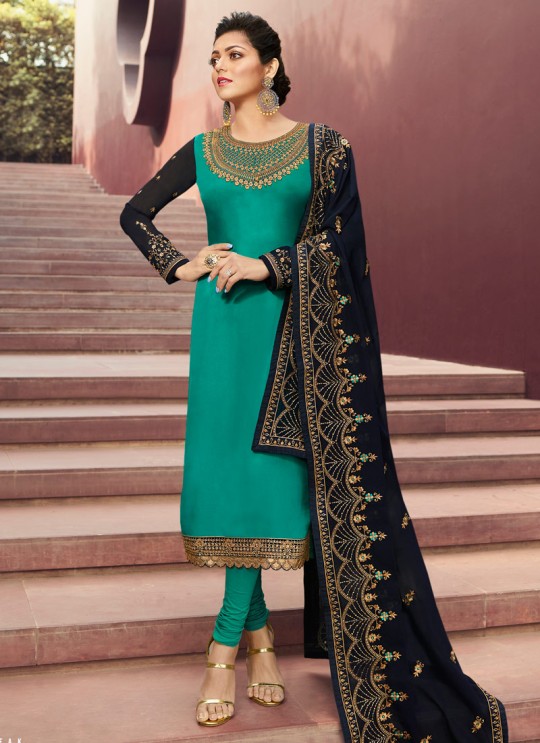 Contemporary Satin Georgette Straight Cut Suits In Teal Green Color Nitya Vol 141 4107 By LT Fabrics SC/015320