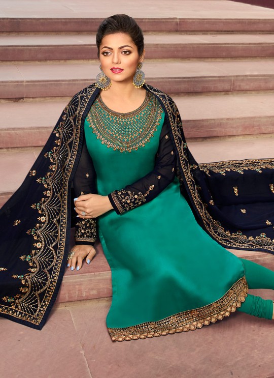 Contemporary Satin Georgette Straight Cut Suits In Teal Green Color Nitya Vol 141 4107 By LT Fabrics SC/015320