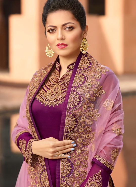 Designer Satin Georgette Straight Cut Suits In Purple Color Nitya Vol 141 4108 By LT Fabrics SC/015320 Designer Satin Georgette Straight Cut Suits In Purple Color Nitya Vol 141 4108 By LT Fabrics SC/015320