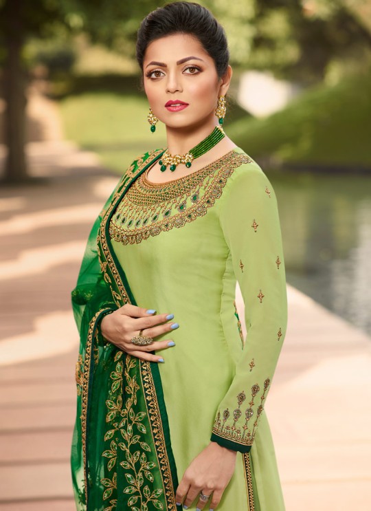 Contemporary Satin Georgette Straight Cut Suits In Green Color Nitya Vol 141 4109 By LT Fabrics SC/015320 Contemporary Satin Georgette Straight Cut Suits In Green Color Nitya Vol 141 4109 By LT Fabrics SC/015320