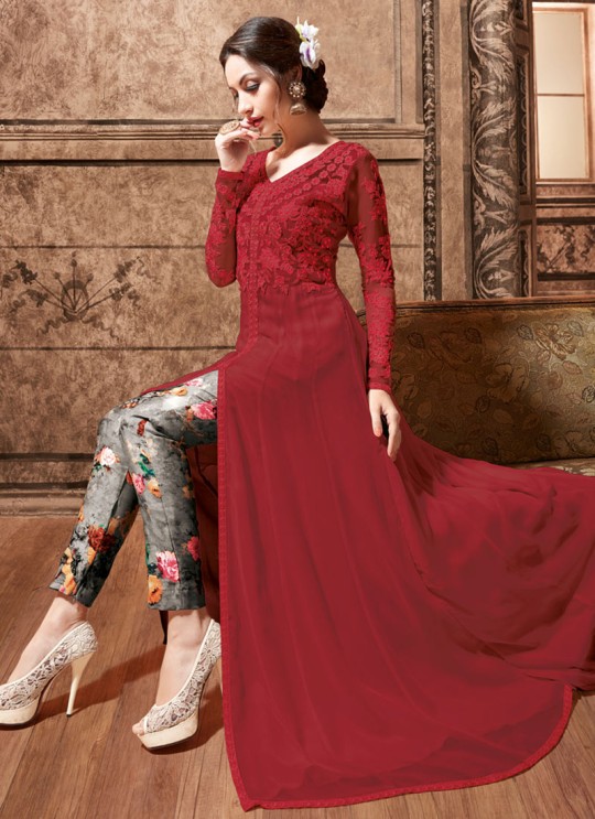 Red Georgette MASKEEN ADDICTION 7 3704 Colors 22002 Pakistani Suit By Maisha SC/011996